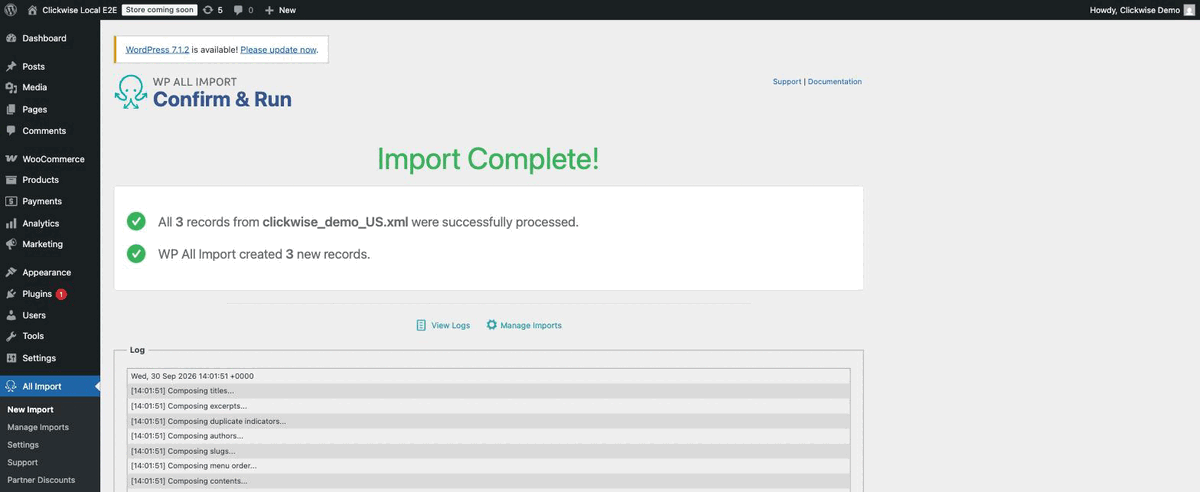 First run: three Simple products created. Free-edition Simple products.